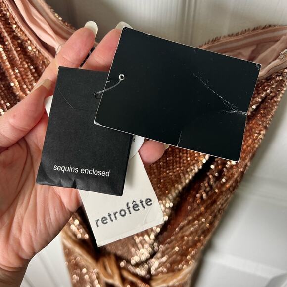 Retrofete Sequins One Shoulder Bronze Velvet Waist Tie Ella Mini Dress L - Picture 9 of 9